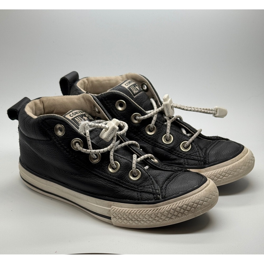 Converse Chuck Taylor Mid Top Kids Size 13 Black Leather Bungee Lace Sneakers